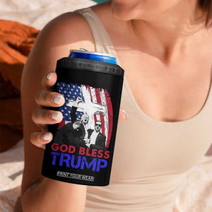 God Bless President Trump 4 in 1 Can Cooler Tumbler Pennsylvania 2024 Raised Fist American Flag Cross TB02 Print Your Wear