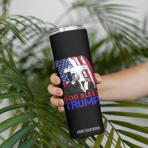 God Bless President Trump Skinny Tumbler Pennsylvania 2024 Raised Fist American Flag Cross TB02 Print Your Wear