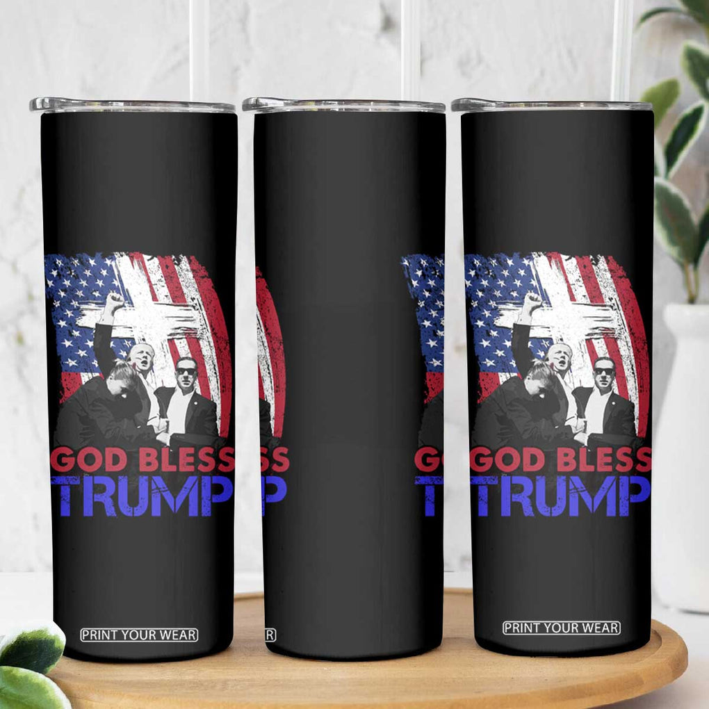 God Bless President Trump Skinny Tumbler Pennsylvania 2024 Raised Fist American Flag Cross TB02 Print Your Wear