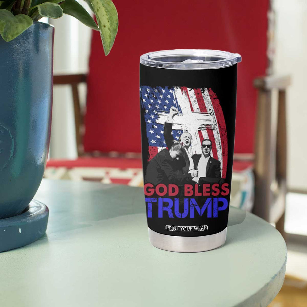 God Bless President Trump Tumbler Cup Pennsylvania 2024 Raised Fist American Flag Cross TB02 Print Your Wear