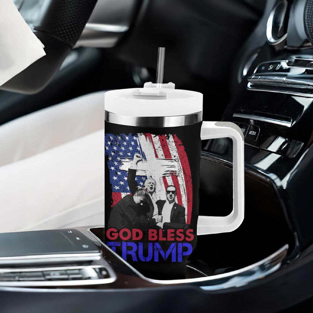 God Bless President Trump Tumbler With Handle Pennsylvania 2024 Raised Fist American Flag Cross TB02 Print Your Wear