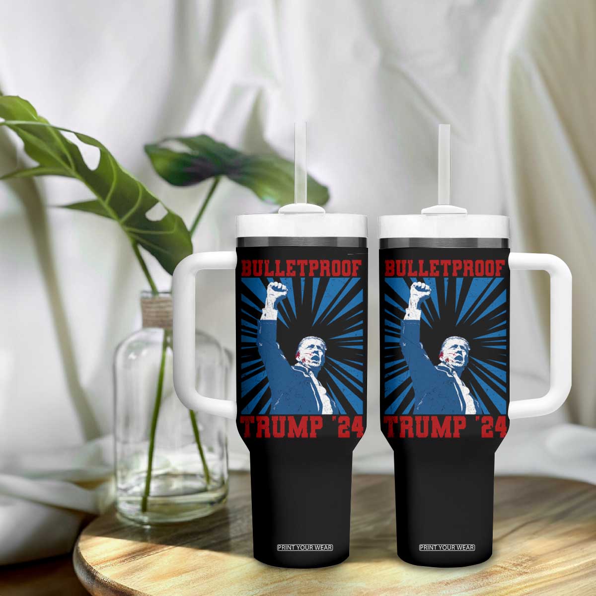 Strong Trump 2024 Tumbler With Handle Bulletproof Raised Fist Not Today President 45 47 TB02 Print Your Wear