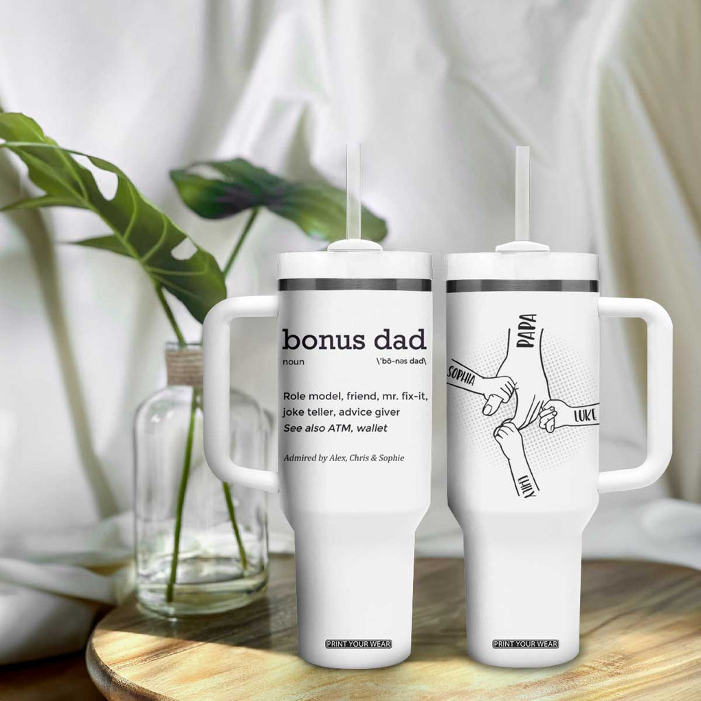 Custom Kids Name Stepdad Tumbler With Handle Bonus Dad Of Three Holding Hands TB02 Print Your Wear