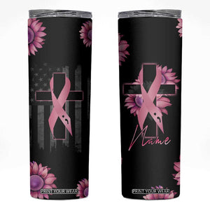 Personalized Breast Cancer Warrior Support Skinny Tumbler Custom Name Pink Ribbon Sunflower American Flag TB02 Black Print Your Wear