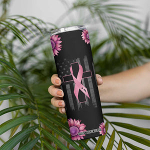 Personalized Breast Cancer Warrior Support Skinny Tumbler Custom Name Pink Ribbon Sunflower American Flag TB02 Print Your Wear