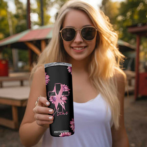 Personalized Breast Cancer Warrior Support Skinny Tumbler Custom Name Pink Ribbon Sunflower American Flag TB02 Print Your Wear