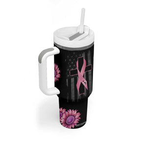 Personalized Breast Cancer Warrior Support Tumbler With Handle Custom Name Pink Ribbon Sunflower American Flag TB02 Print Your Wear