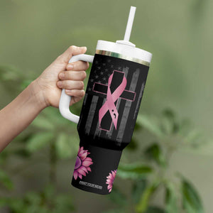 Personalized Breast Cancer Warrior Support Tumbler With Handle Custom Name Pink Ribbon Sunflower American Flag TB02 Print Your Wear