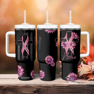 Personalized Breast Cancer Warrior Support Tumbler With Handle Custom Name Pink Ribbon Sunflower American Flag TB02 Print Your Wear