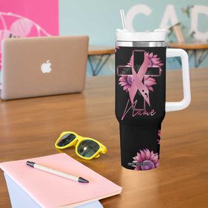 Personalized Breast Cancer Warrior Support Tumbler With Handle Custom Name Pink Ribbon Sunflower American Flag TB02 Print Your Wear