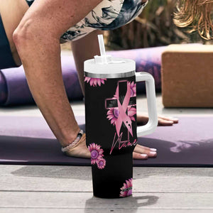 Personalized Breast Cancer Warrior Support Tumbler With Handle Custom Name Pink Ribbon Sunflower American Flag TB02 Print Your Wear