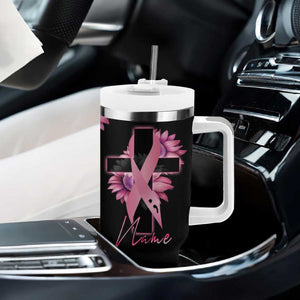 Personalized Breast Cancer Warrior Support Tumbler With Handle Custom Name Pink Ribbon Sunflower American Flag TB02 Print Your Wear