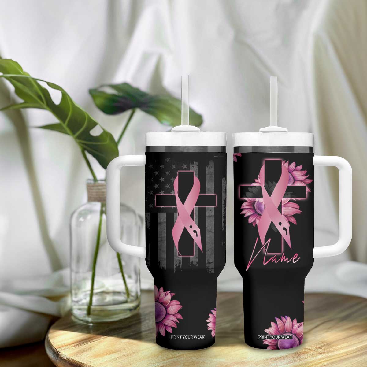 Personalized Breast Cancer Warrior Support Tumbler With Handle Custom Name Pink Ribbon Sunflower American Flag TB02 Print Your Wear