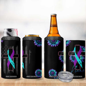 Personalized Suicide Prevention Awareness 4 in 1 Can Cooler Tumbler Custom Name Teal and Purple Ribbon Sunflower American Flag TB02 Print Your Wear