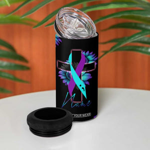 Personalized Suicide Prevention Awareness 4 in 1 Can Cooler Tumbler Custom Name Teal and Purple Ribbon Sunflower American Flag TB02 Print Your Wear