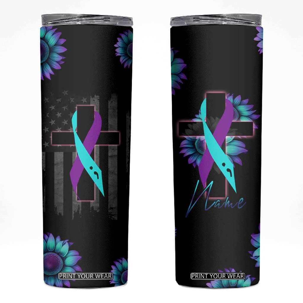 Personalized Suicide Prevention Awareness Skinny Tumbler Custom Name Teal and Purple Ribbon Sunflower American Flag TB02 Black Print Your Wear