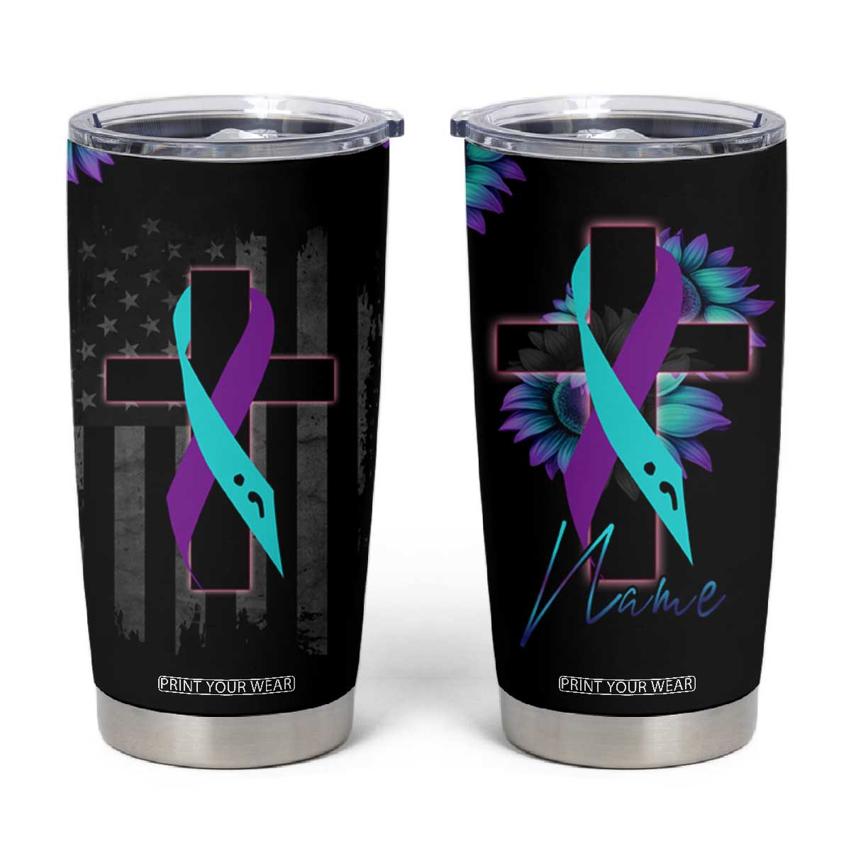 Personalized Suicide Prevention Awareness Tumbler Cup Custom Name Teal and Purple Ribbon Sunflower American Flag TB02 Black Print Your Wear