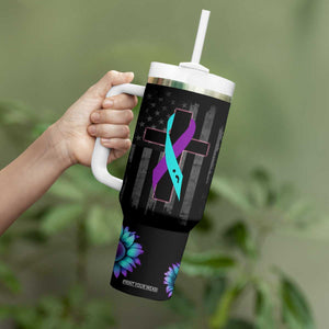 Personalized Suicide Prevention Awareness Tumbler With Handle Custom Name Teal and Purple Ribbon Sunflower American Flag TB02 Print Your Wear