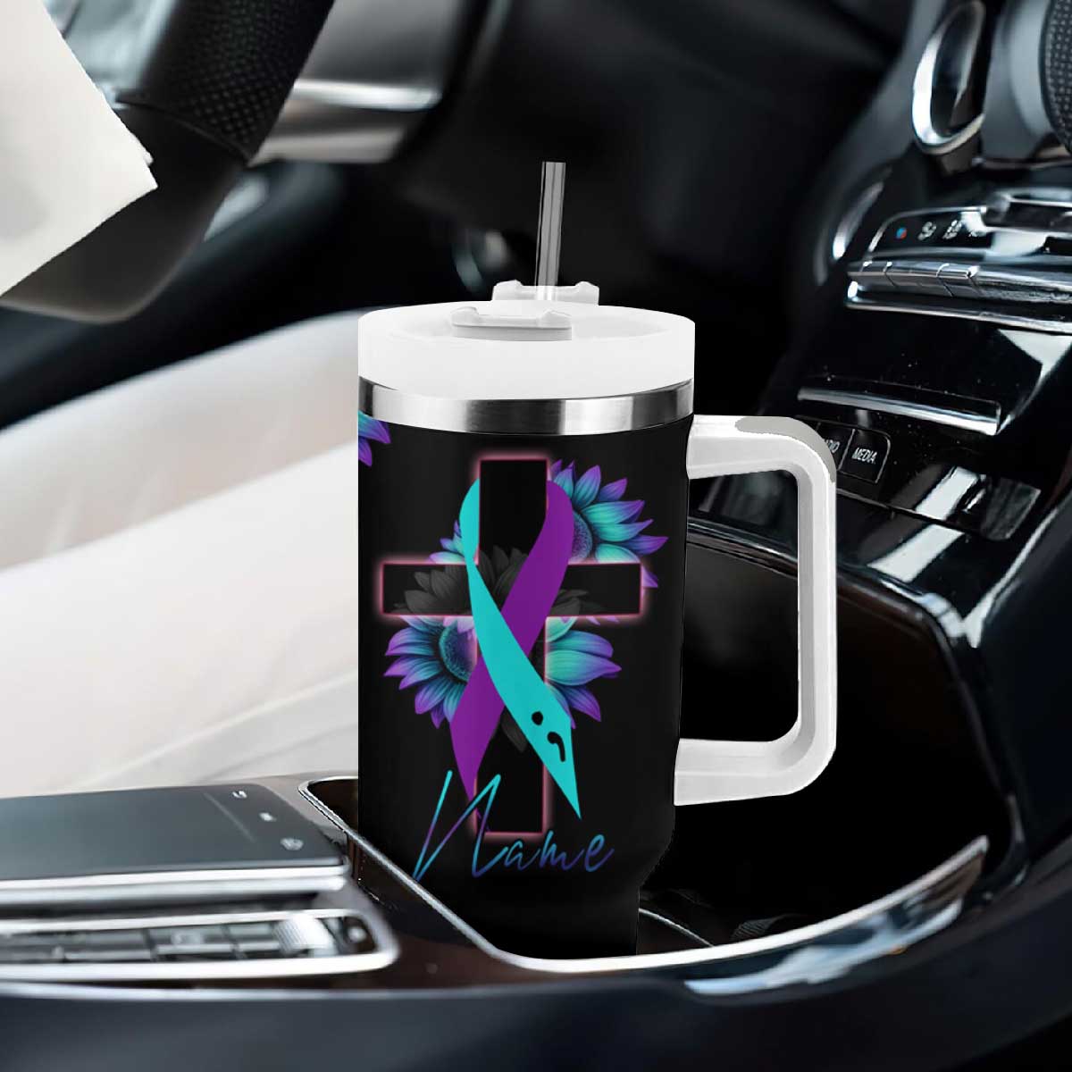 Personalized Suicide Prevention Awareness Tumbler With Handle Custom Name Teal and Purple Ribbon Sunflower American Flag TB02 Print Your Wear