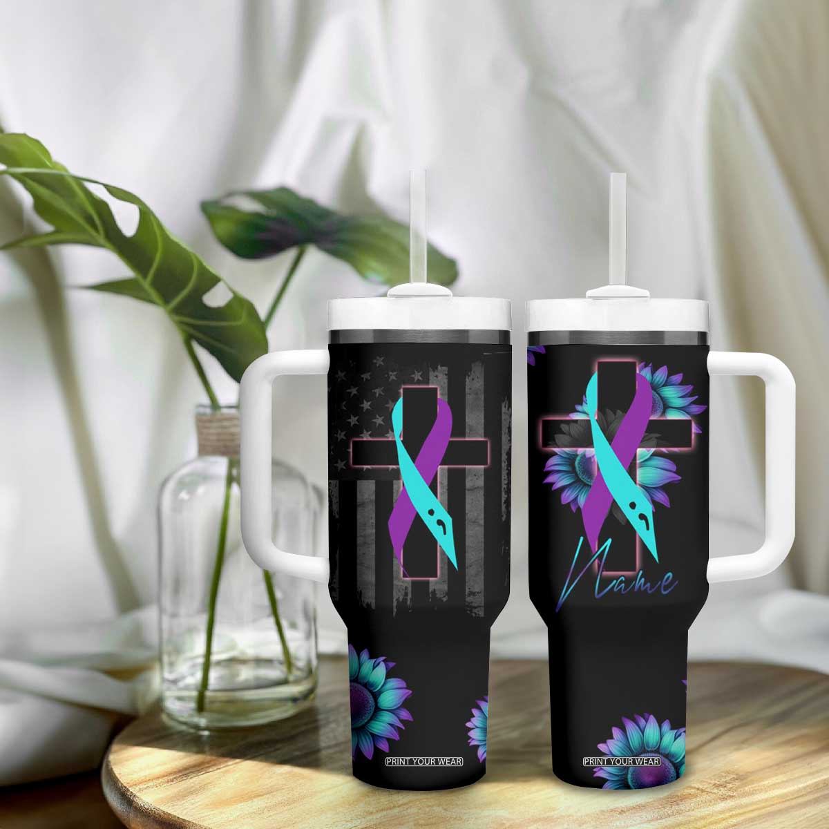 Personalized Suicide Prevention Awareness Tumbler With Handle Custom Name Teal and Purple Ribbon Sunflower American Flag TB02 Print Your Wear