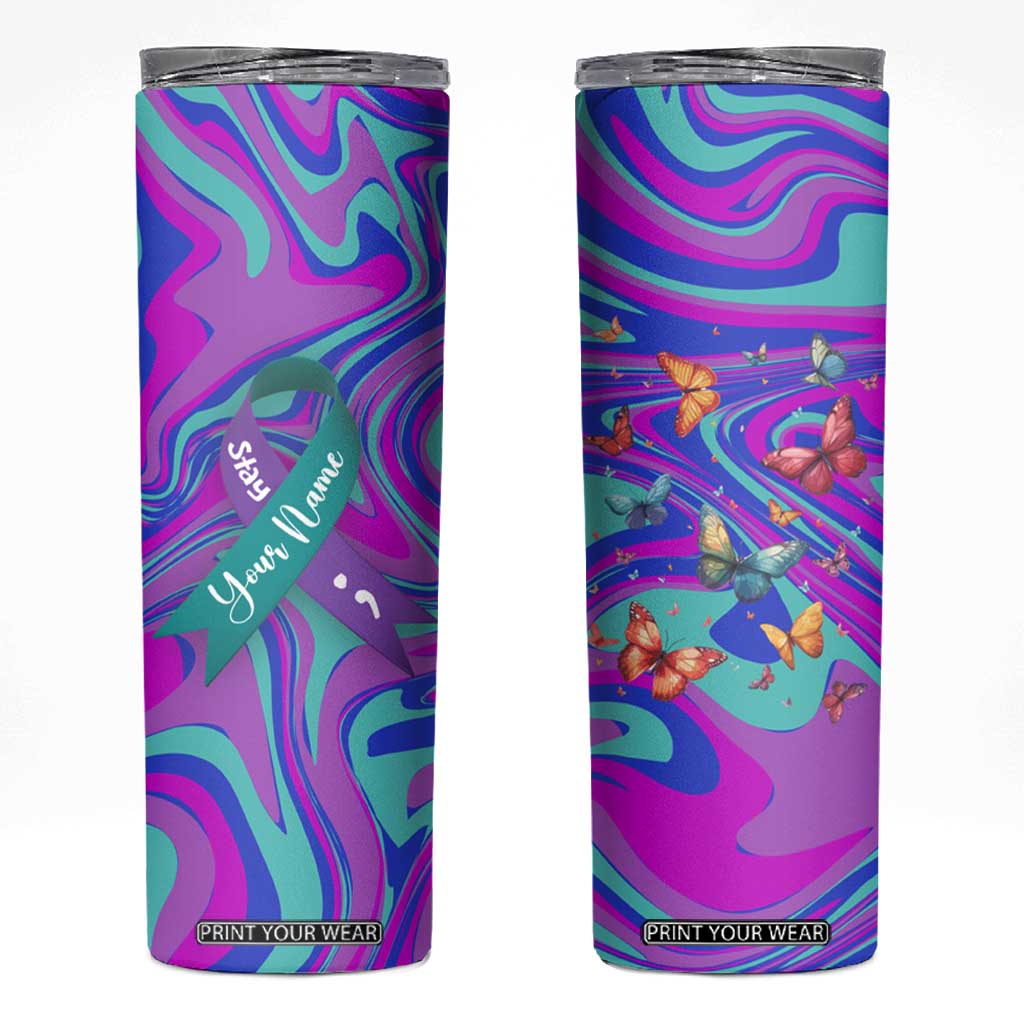 Personalized Suicide Prevention Awareness Skinny Tumbler Custom Name Stay Semicolon Butterfiles Teal and Purple Hologram TB02 Gradient Print Your Wear