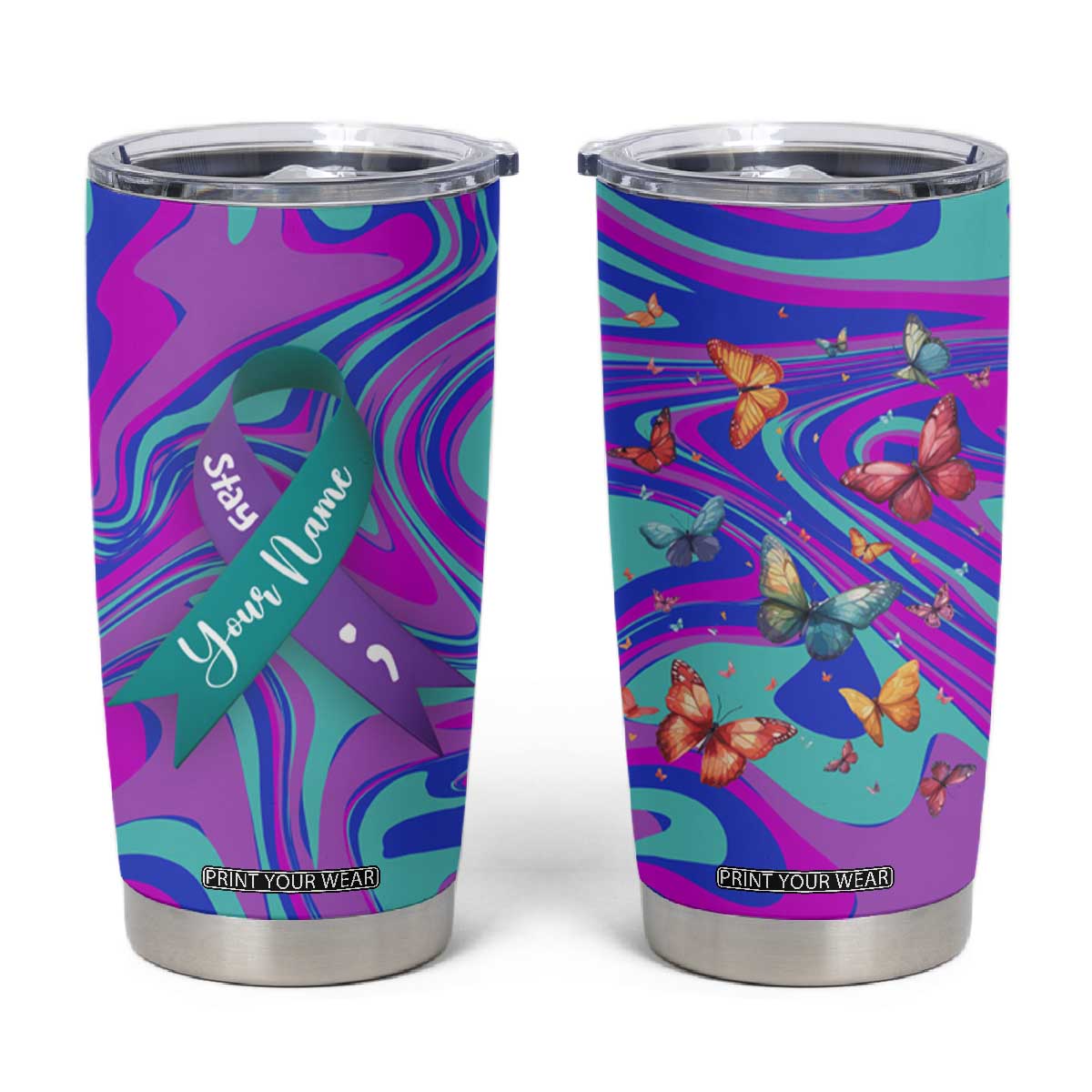 Personalized Suicide Prevention Awareness Tumbler Cup Custom Name Stay Semicolon Butterfiles Teal and Purple Hologram TB02 Gradient Print Your Wear