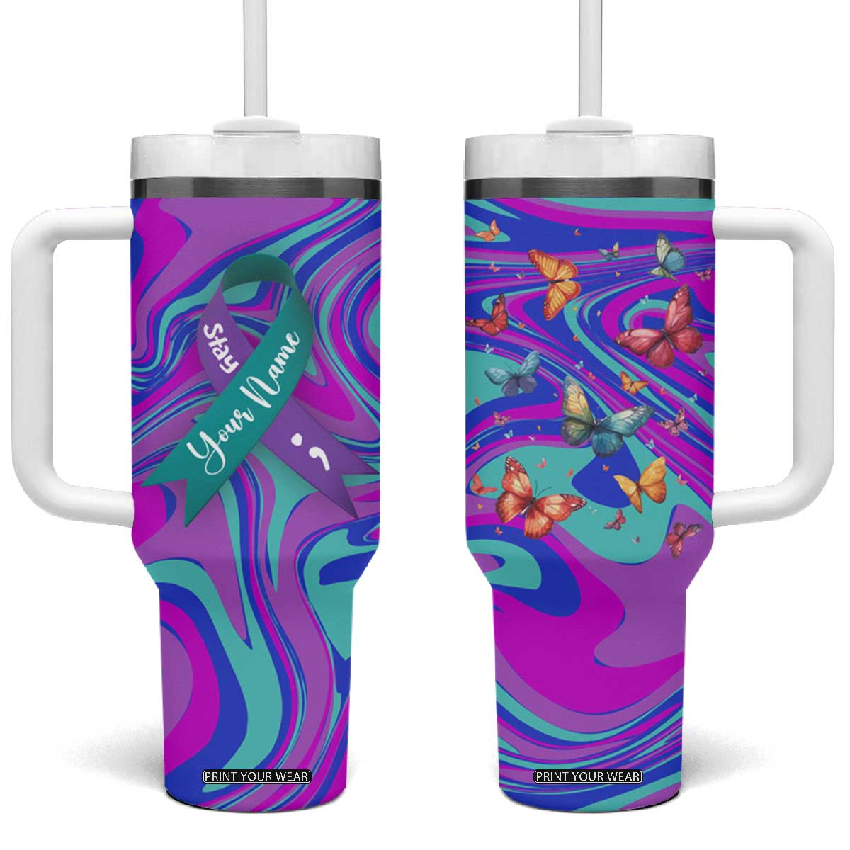 Personalized Suicide Prevention Awareness Tumbler With Handle Custom Name Stay Semicolon Butterfiles Teal and Purple Hologram TB02 One Size: 40 oz Gradient Print Your Wear