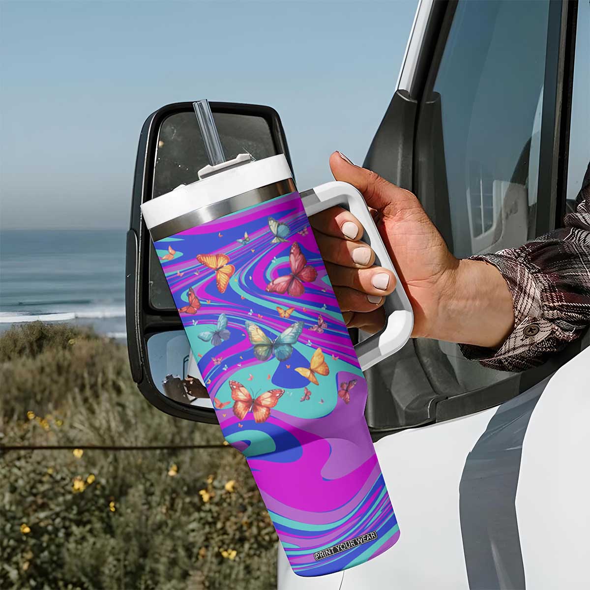 Personalized Suicide Prevention Awareness Tumbler With Handle Custom Name Stay Semicolon Butterfiles Teal and Purple Hologram TB02 Print Your Wear