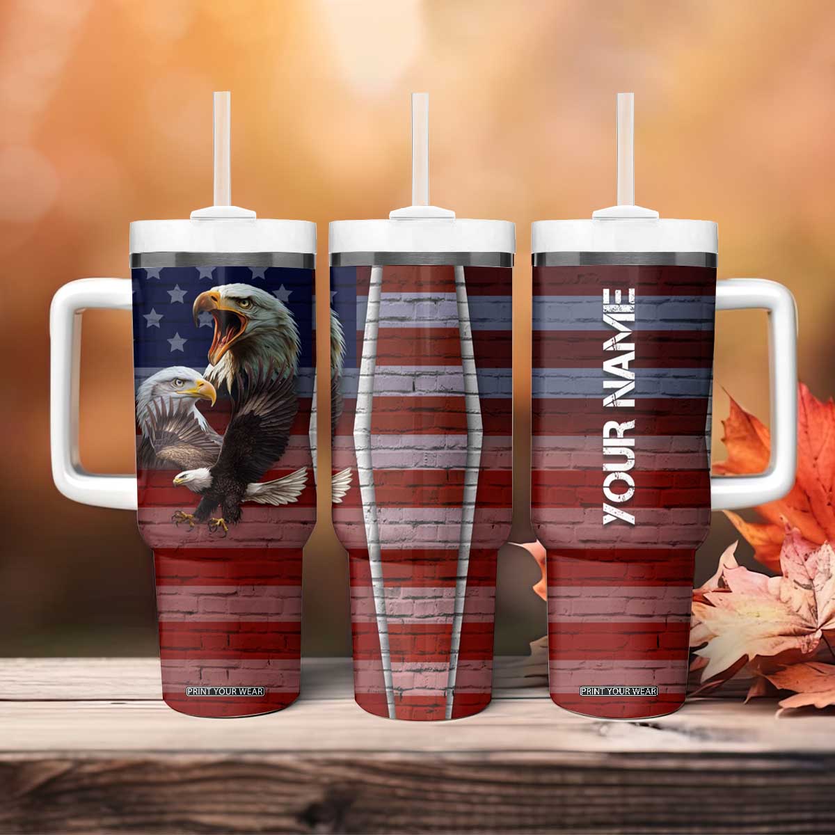 Personalized Eagle American Flag Tumbler With Handle Custom Name Patriotic Gifts For Men TB09 Print Your Wear