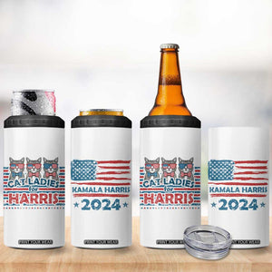 Cat Ladies For Harris 2024 4 in 1 Can Cooler Tumbler Cute Cats Kamala Madam President America Flag TB09 Print Your Wear