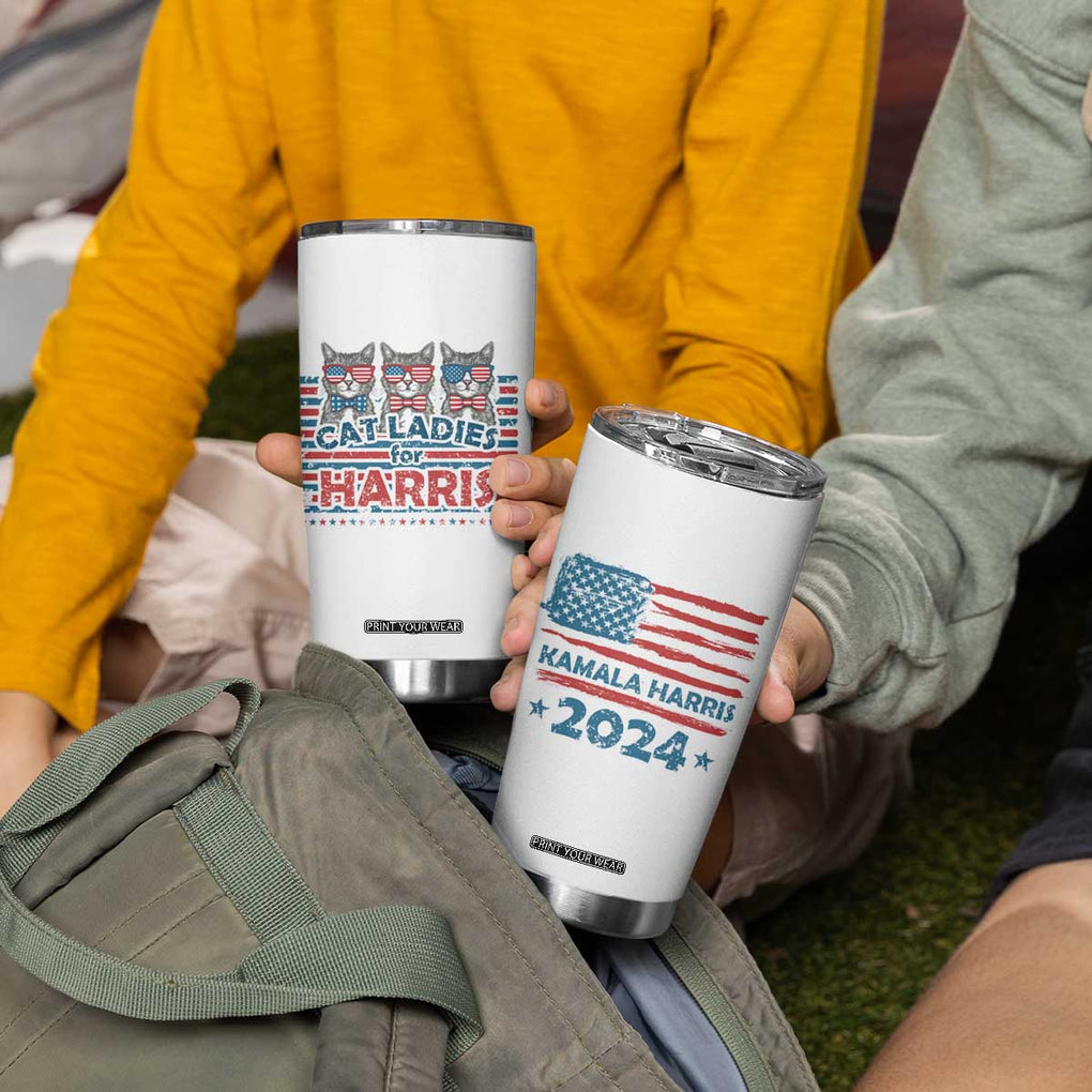 Cat Ladies For Harris 2024 Tumbler Cup Cute Cats Kamala Madam President America Flag TB09 Print Your Wear