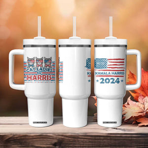 Cat Ladies For Harris 2024 Tumbler With Handle Cute Cats Kamala Madam President America Flag TB09 Print Your Wear