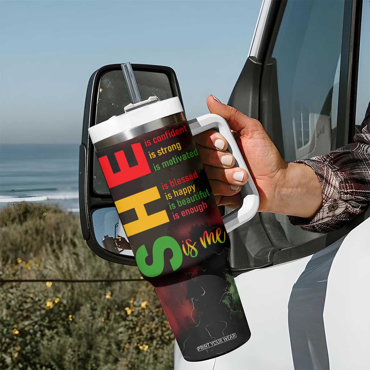 Black Women Tumbler With Handle Confident Strong She Is Me Gift For Her TB09 Print Your Wear