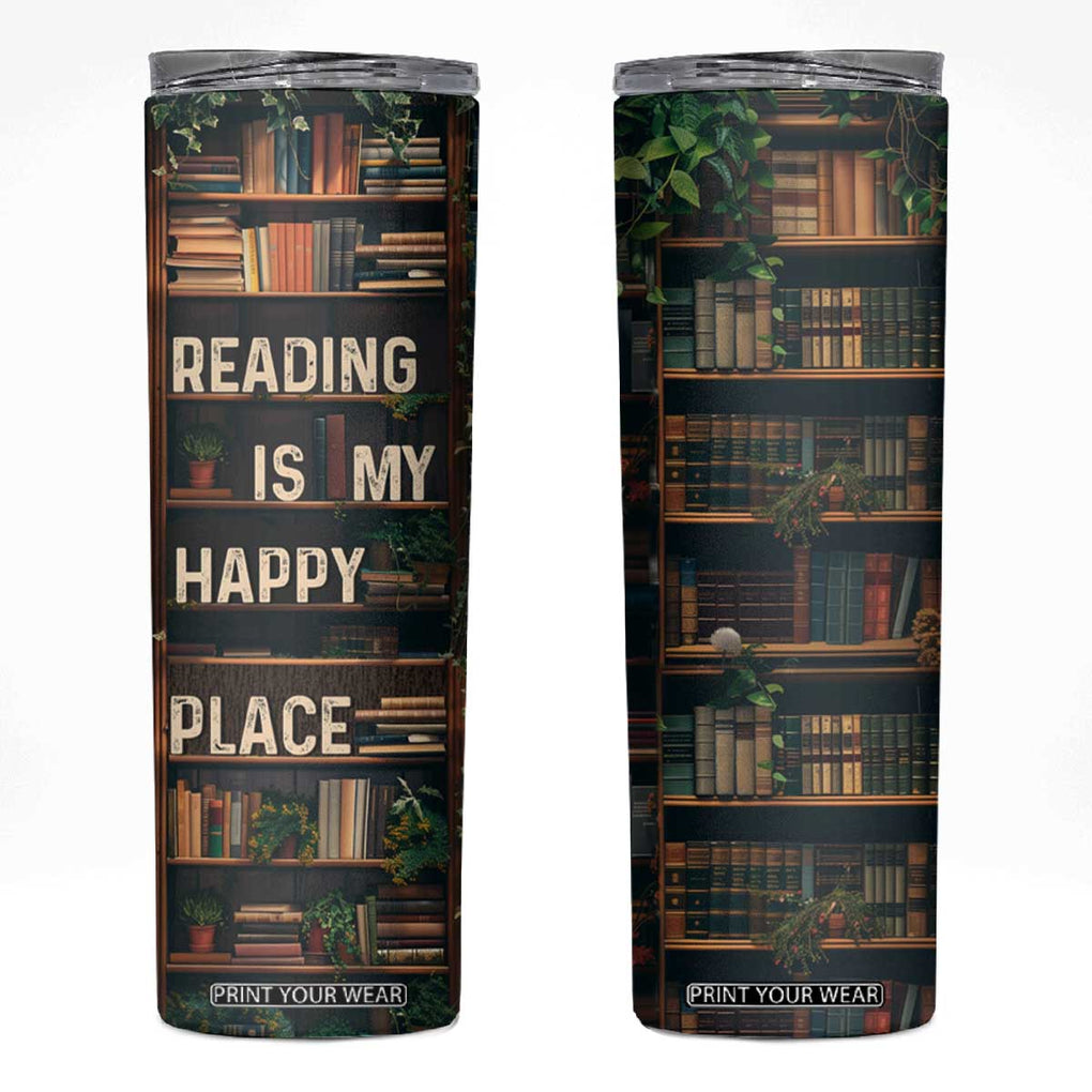 Book Lover Skinny Tumbler Reading Is My Happy Place Vintage Bookshelf TB09 Brown Print Your Wear