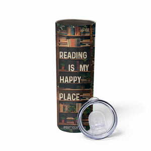 Book Lover Skinny Tumbler Reading Is My Happy Place Vintage Bookshelf TB09 Print Your Wear