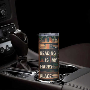 Book Lover Skinny Tumbler Reading Is My Happy Place Vintage Bookshelf TB09 Print Your Wear