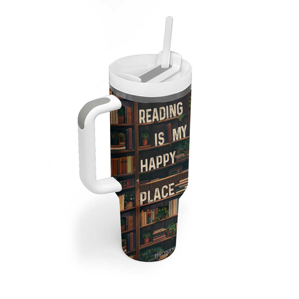 Book Lover Tumbler With Handle Reading Is My Happy Place Vintage Bookshelf TB09 Print Your Wear