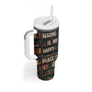 Book Lover Tumbler With Handle Reading Is My Happy Place Vintage Bookshelf TB09 Print Your Wear