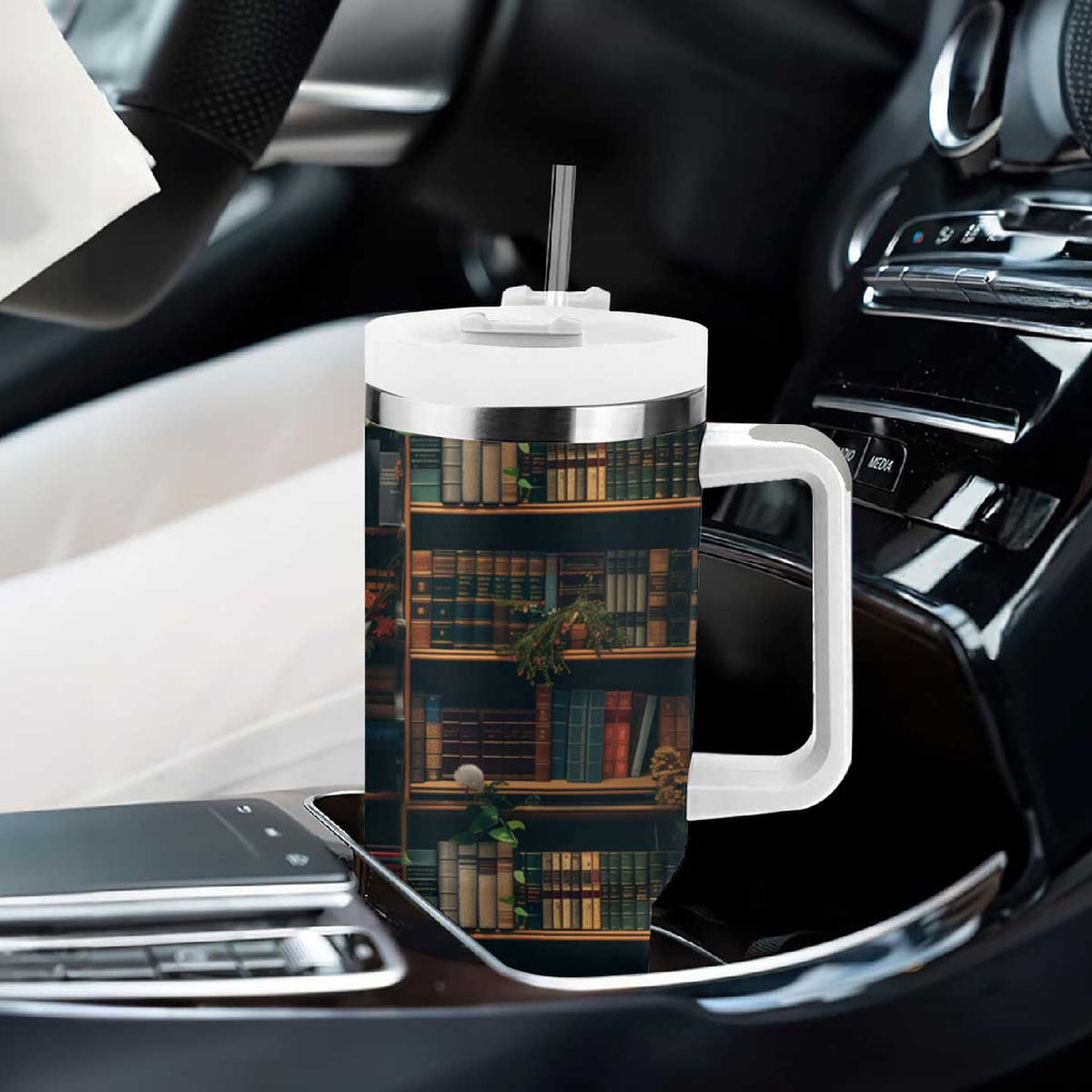 Book Lover Tumbler With Handle Reading Is My Happy Place Vintage Bookshelf TB09 Print Your Wear