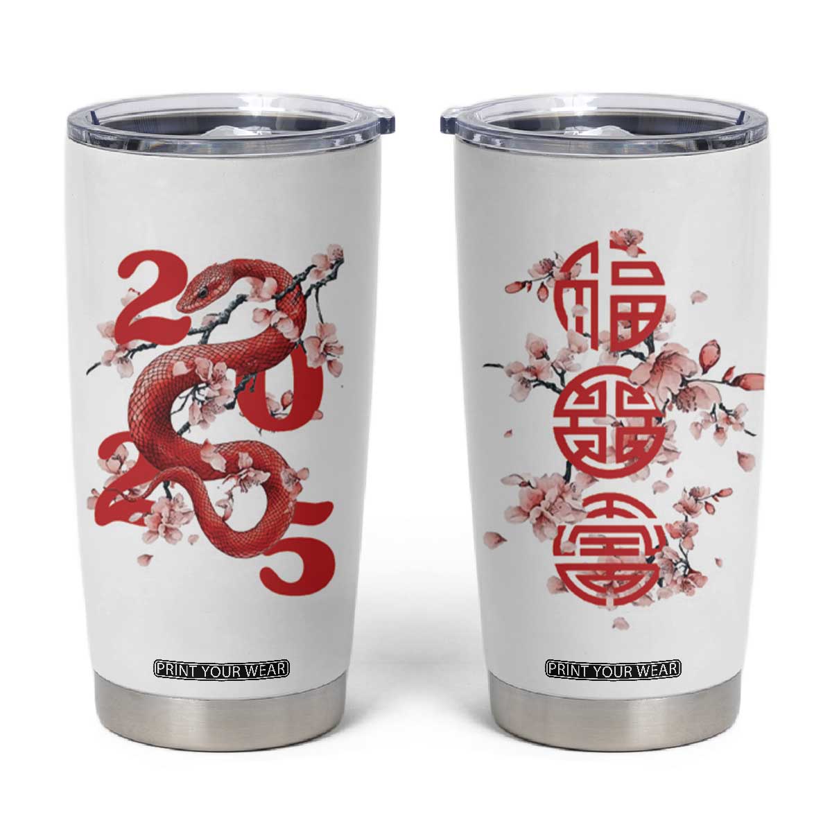 Year Of The Snake 2025 Tumbler Cup Lu Fu Shou Chinese New Year Snake Cherry Blossom TB09 White Print Your Wear