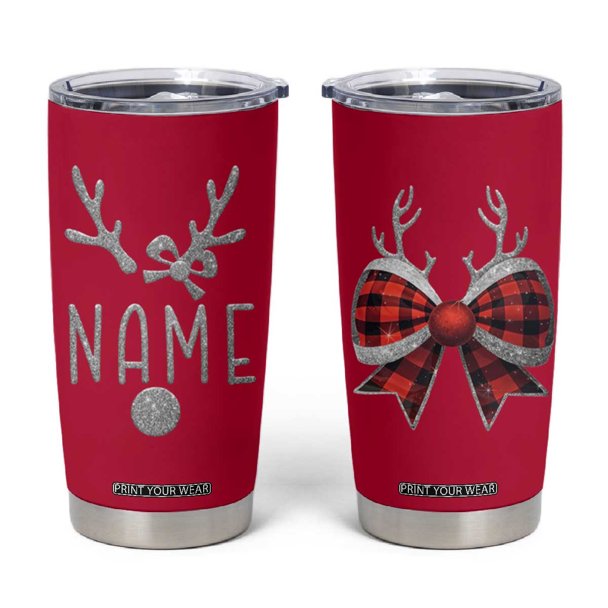 Personalized Christmas Tumbler Cup Custom Name Cute Reindeer Girly Bow TB09 Red Print Your Wear