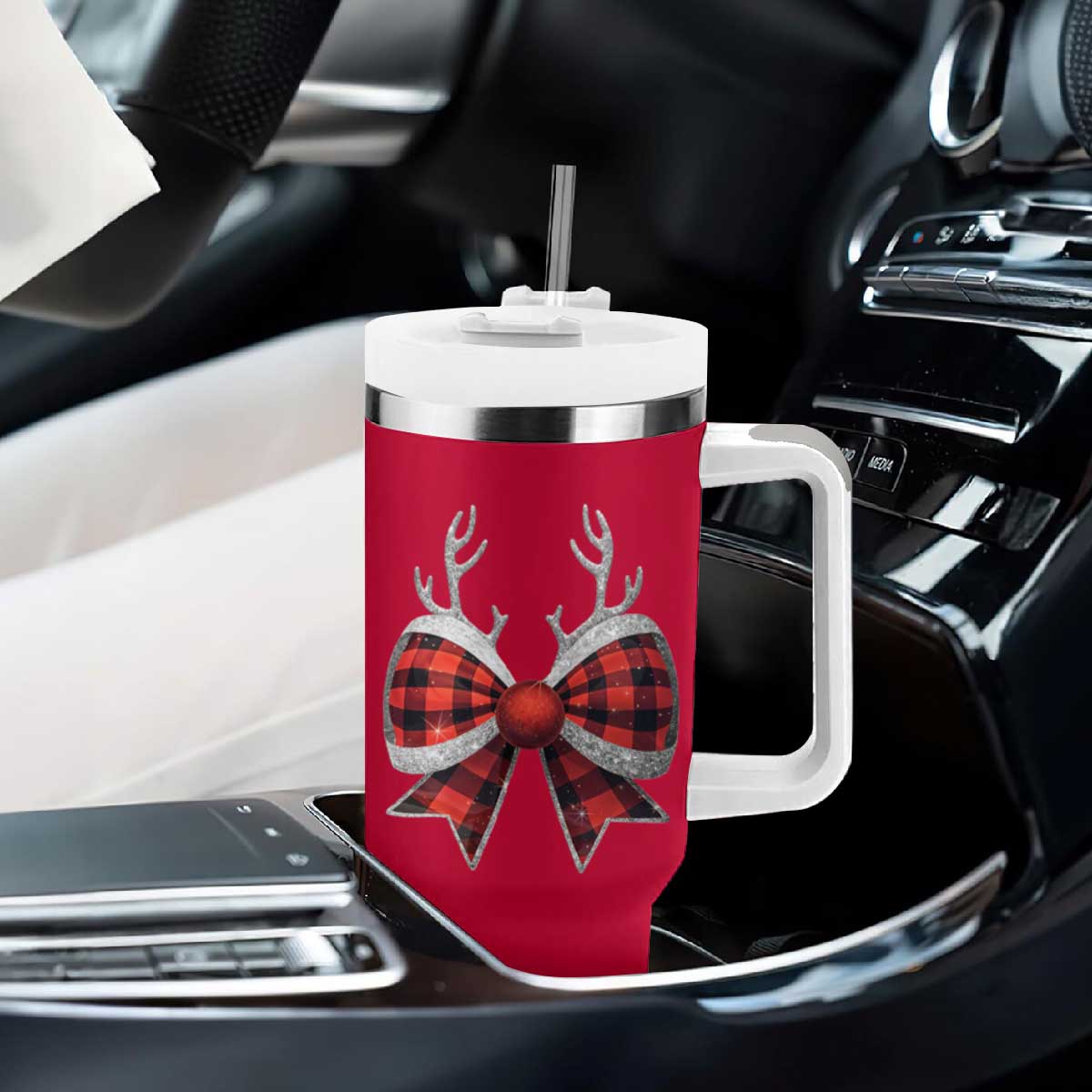 Personalized Christmas Tumbler With Handle Custom Name Cute Reindeer Girly Bow TB09 Print Your Wear