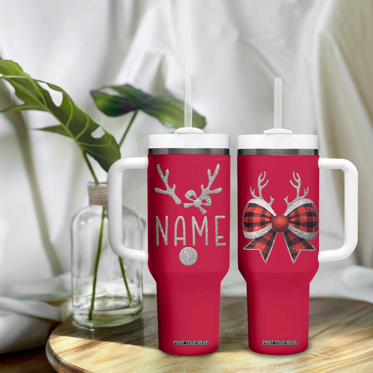 Personalized Christmas Tumbler With Handle Custom Name Cute Reindeer Girly Bow TB09 Print Your Wear