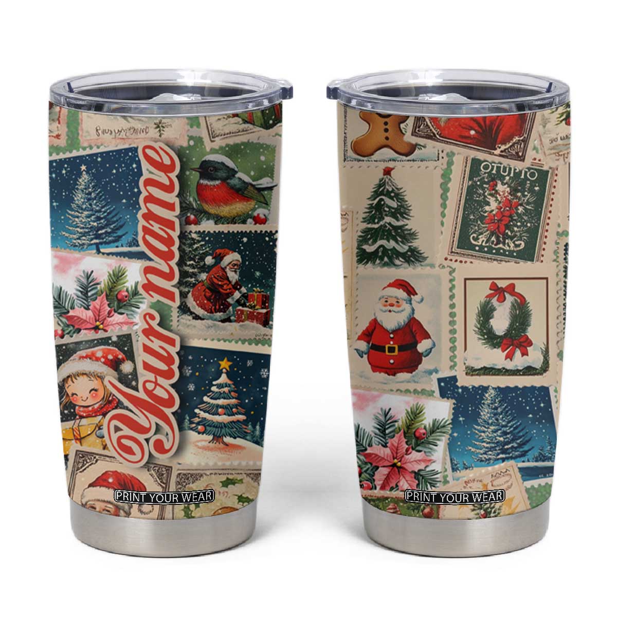 Personalized Christmas Tumbler Cup Custom Name Vingtage Xmas Stamp TB09 Red Print Your Wear