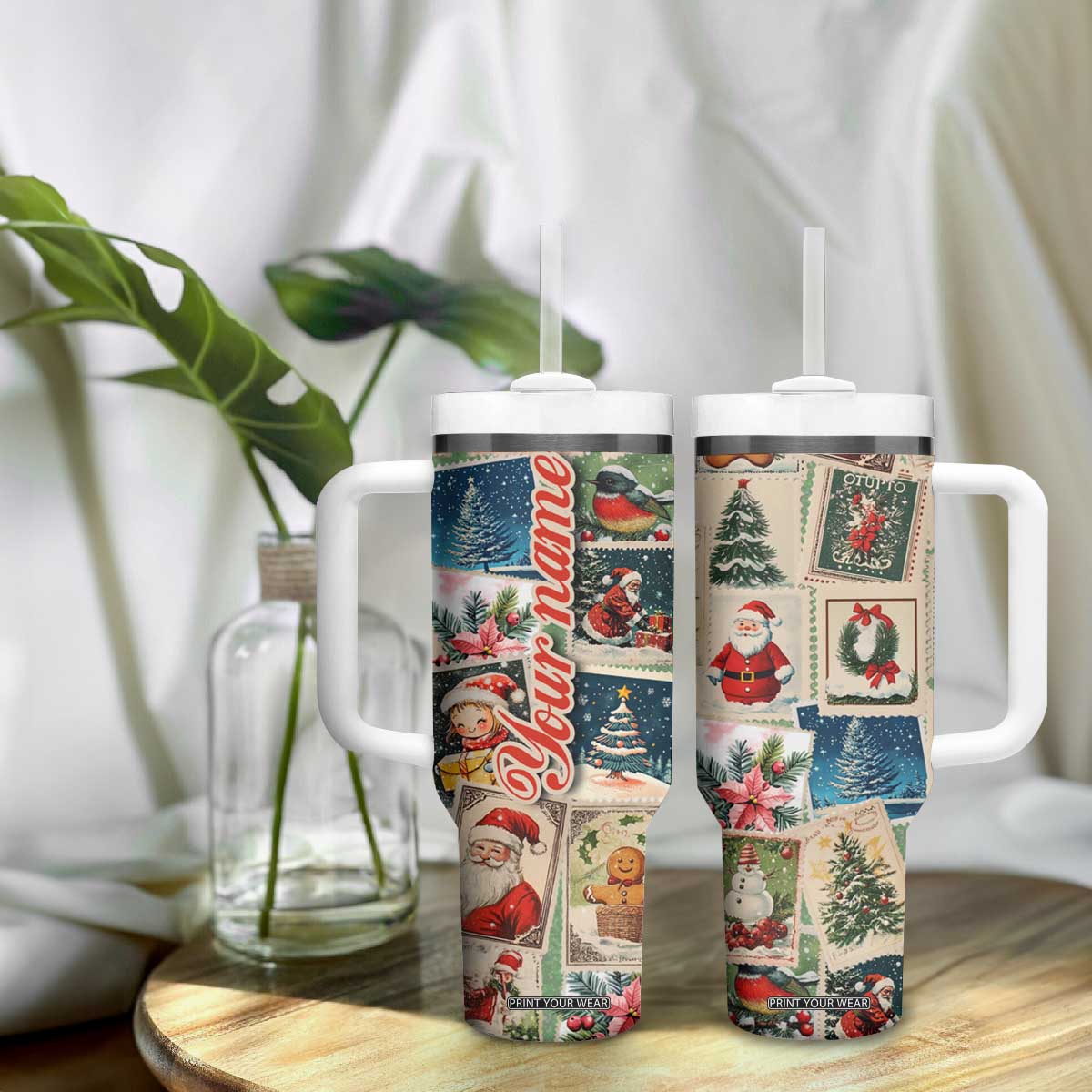 Personalized Christmas Tumbler With Handle Custom Name Vingtage Xmas Stamp TB09 Print Your Wear