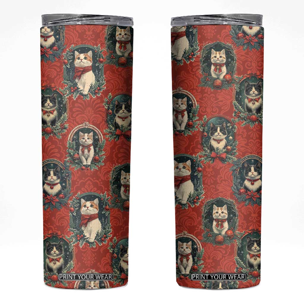 Christmas Cat Skinny Tumbler Vintage Kitten Royal Victorian Holly Wreath TB09 Red Print Your Wear