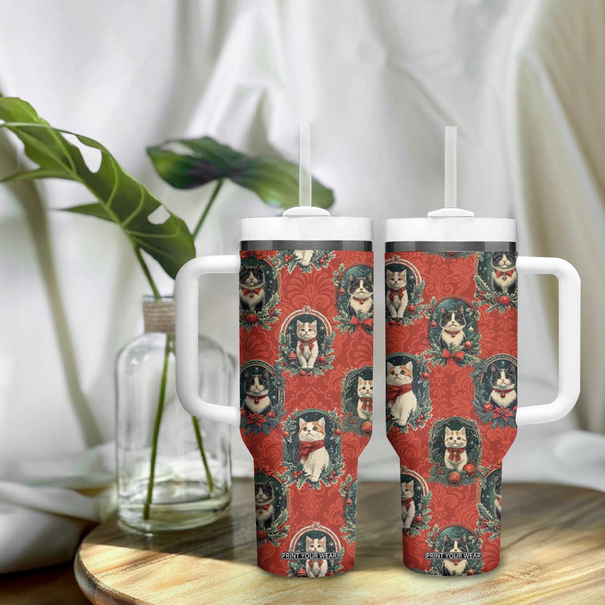 Christmas Cat Tumbler With Handle Vintage Kitten Royal Victorian Holly Wreath TB09 Print Your Wear