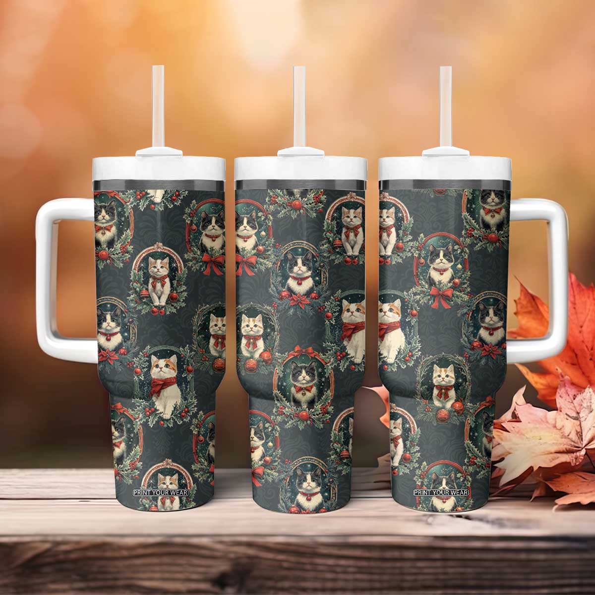Christmas Cat Tumbler With Handle Vintage Kitten Victorian Royal Holly Wreath TB09 Print Your Wear