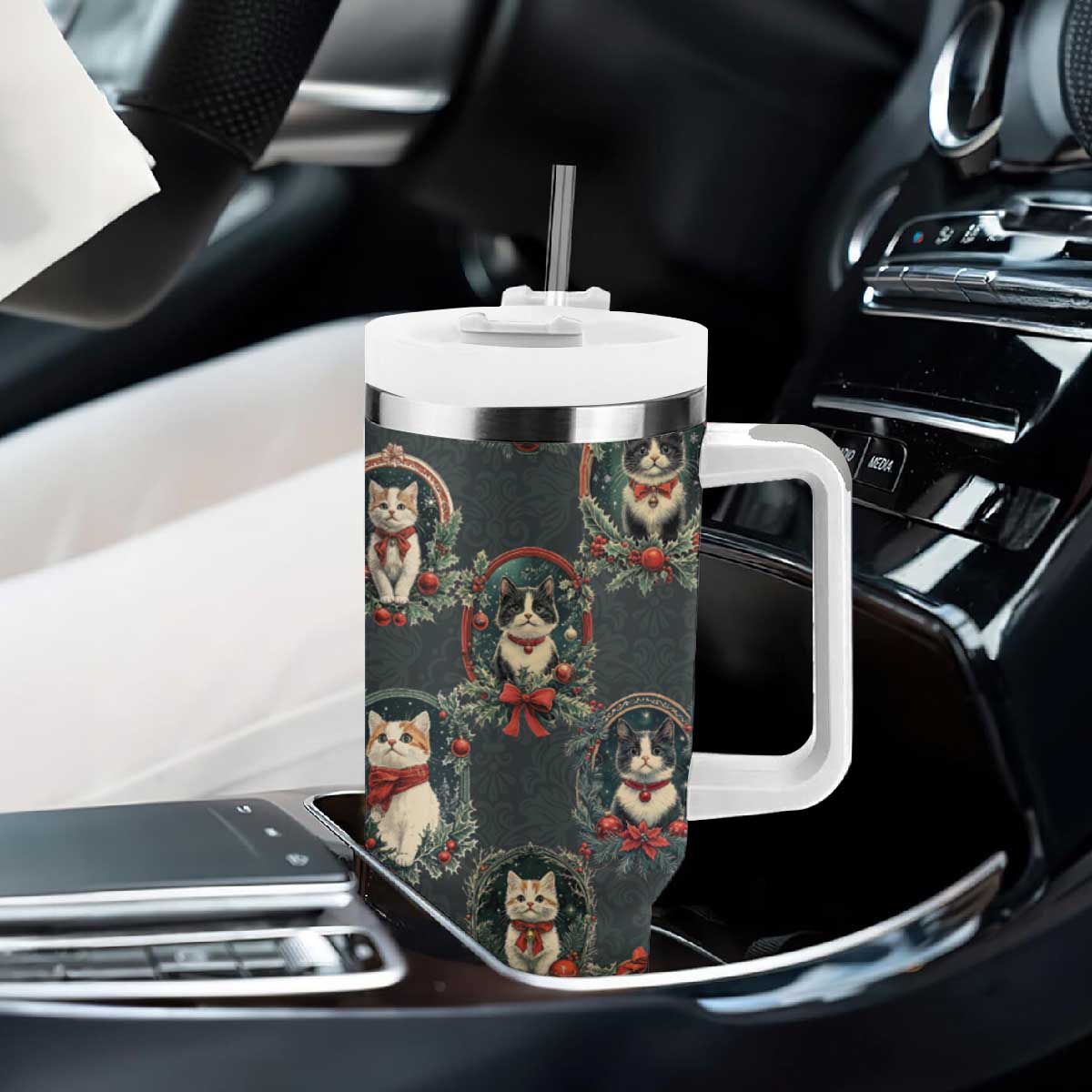 Christmas Cat Tumbler With Handle Vintage Kitten Victorian Royal Holly Wreath TB09 Print Your Wear
