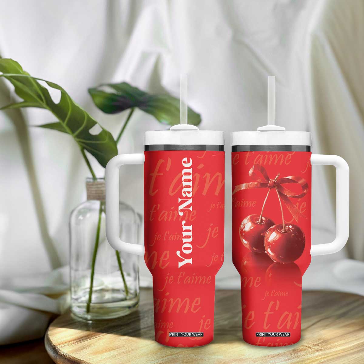 Personalized Coquette Christmas Tumbler With Handle Custom Name Cherry Bow Je T'aime TB09 Print Your Wear